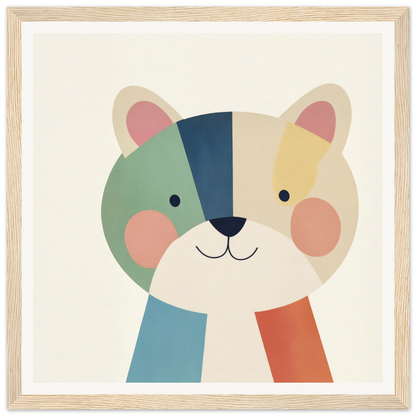 Colorful geometric illustration of a smiling cat face with pink cheeks in Teal Bear Palette