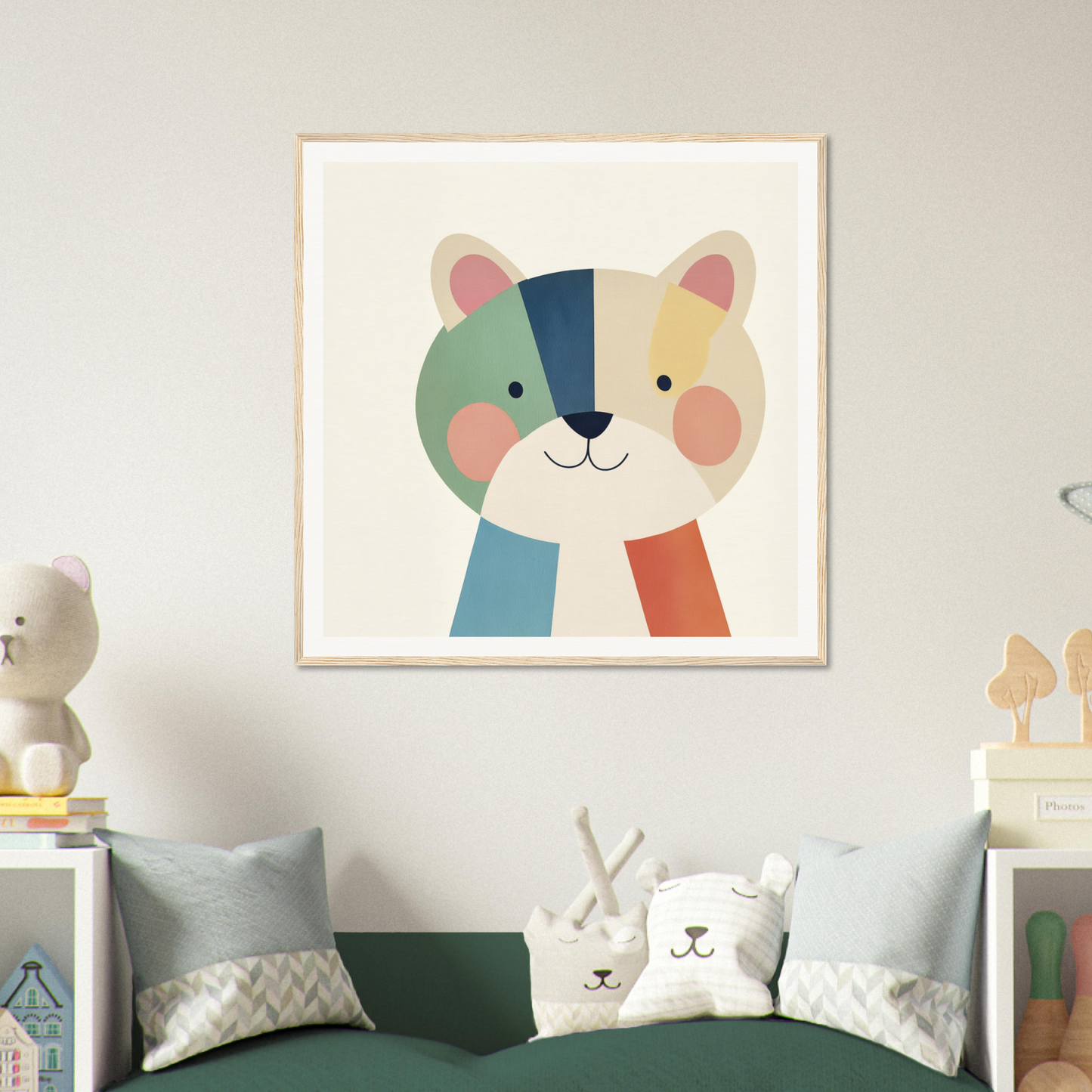 Colorful geometric art print of a smiling bear face in Teal Bear Palette design