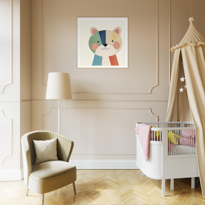 Nursery room featuring Teal Bear Palette with colorful cat artwork and crib