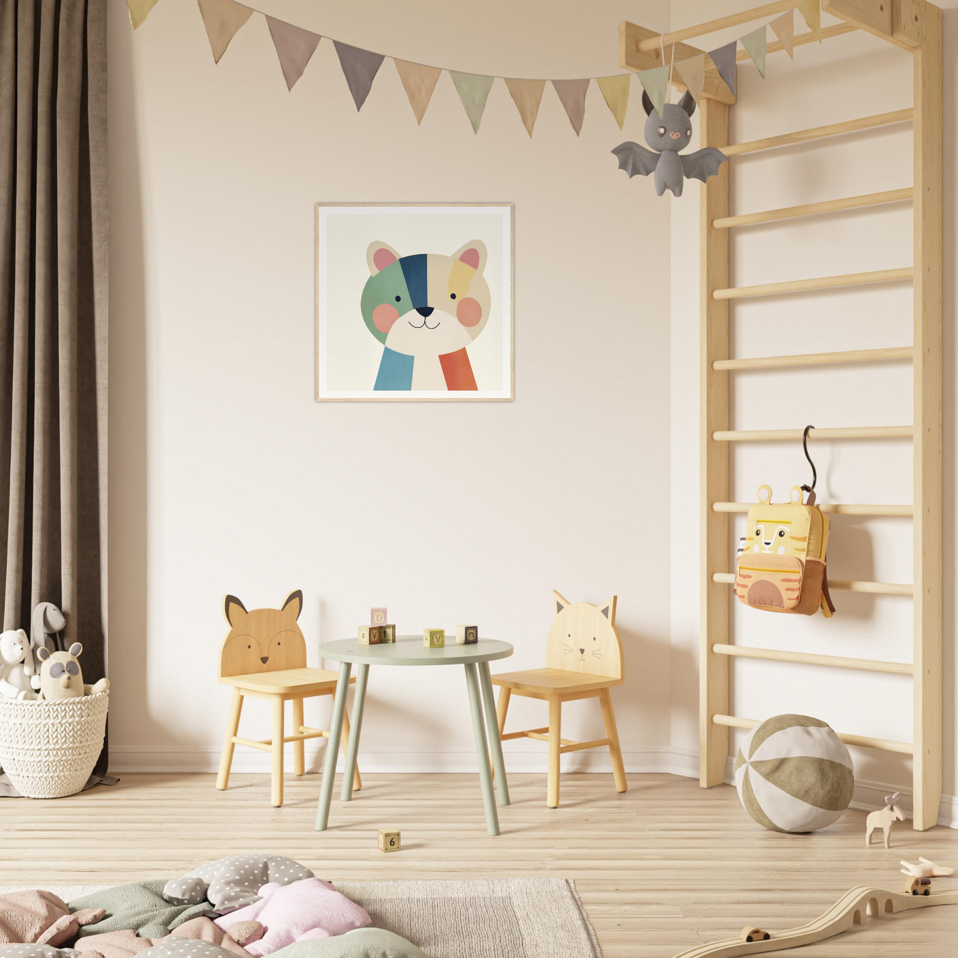 Children’s play area featuring a small round table and two animal-themed chairs in Teal Bear Palette