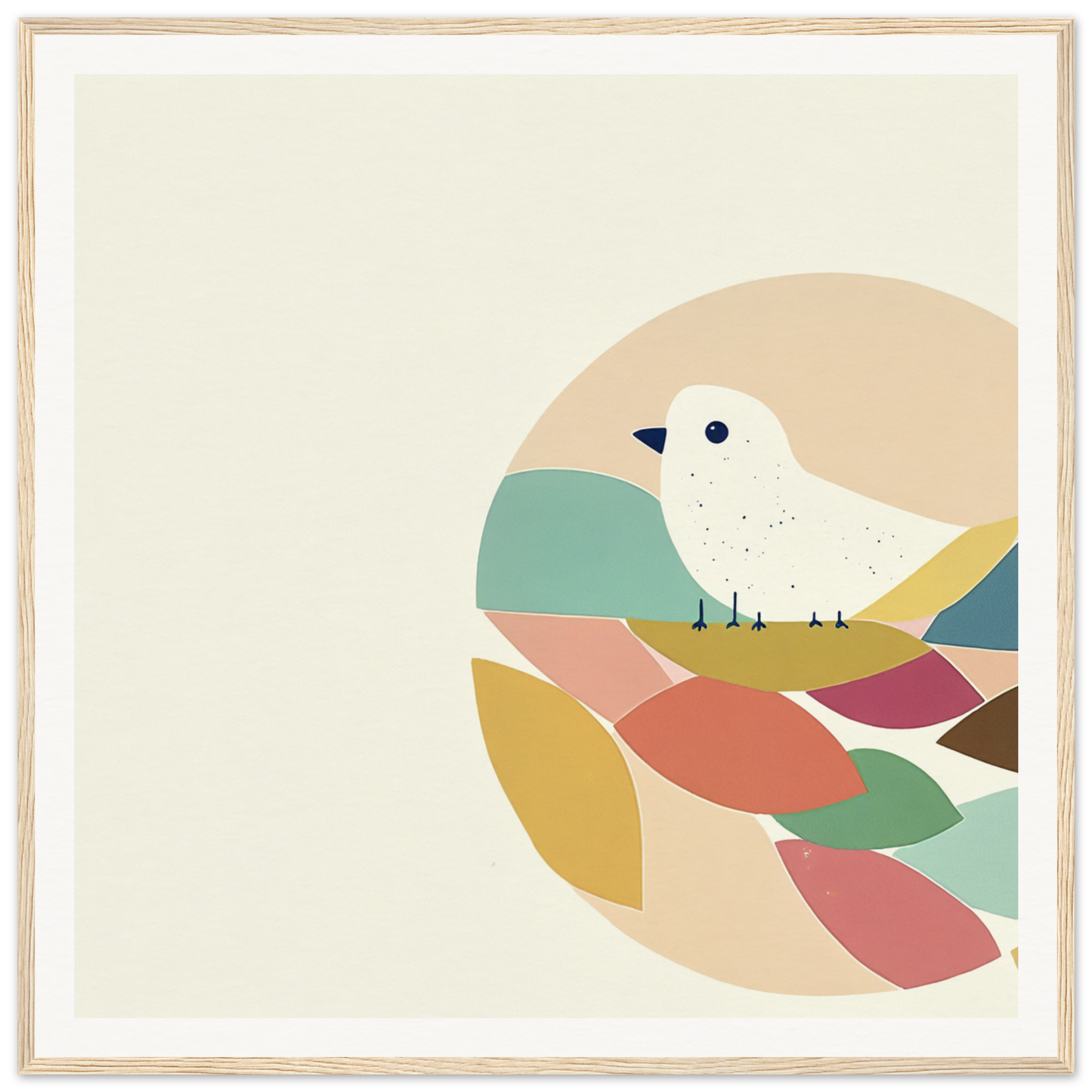 White bird perched on vibrant abstract shapes in Teal Bird Reverie design