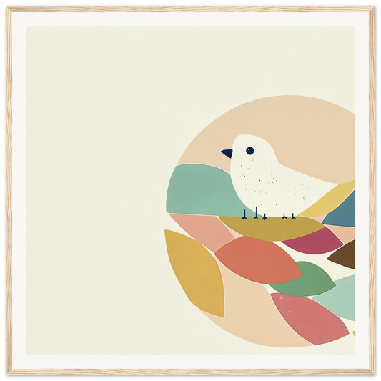 White bird perched on vibrant abstract shapes in Teal Bird Reverie design