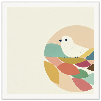 White bird perched on abstract pastel shapes in Teal Bird Reverie design