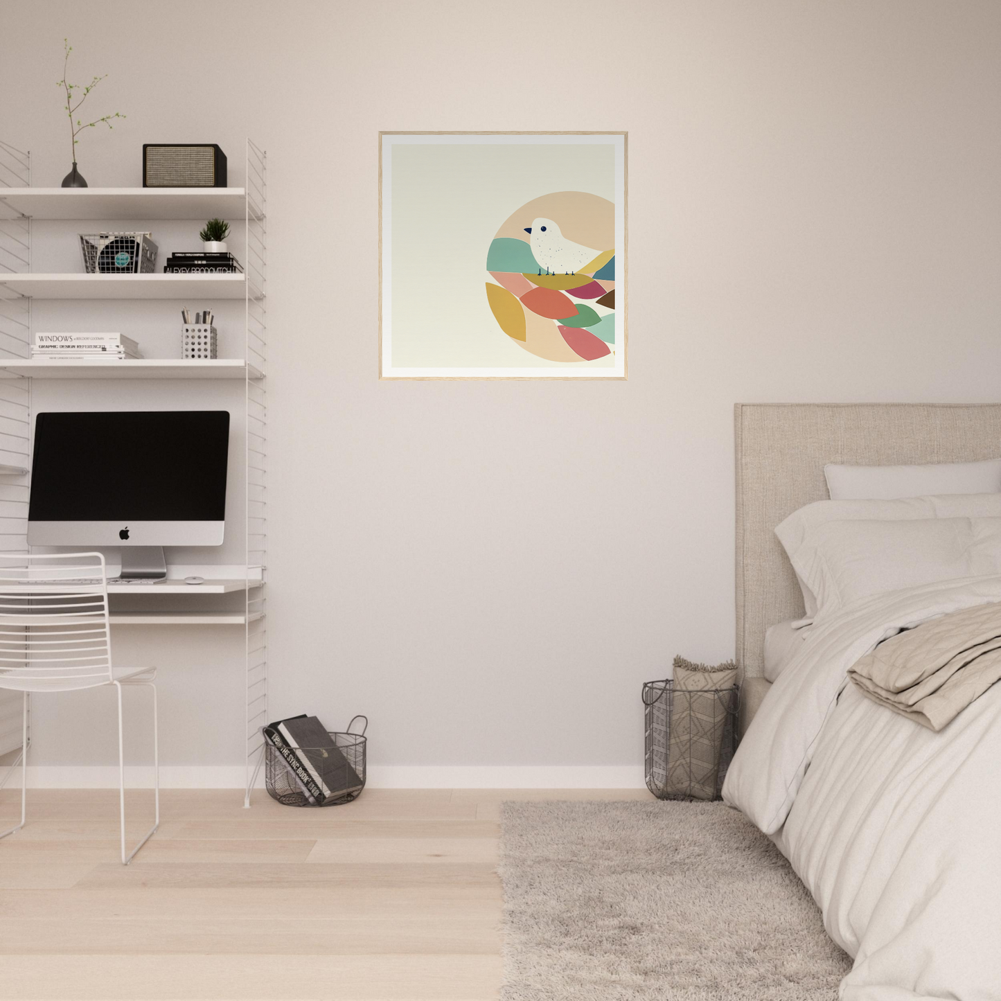 Minimalist bedroom workspace featuring iMac and floating shelves in Teal Bird Reverie design