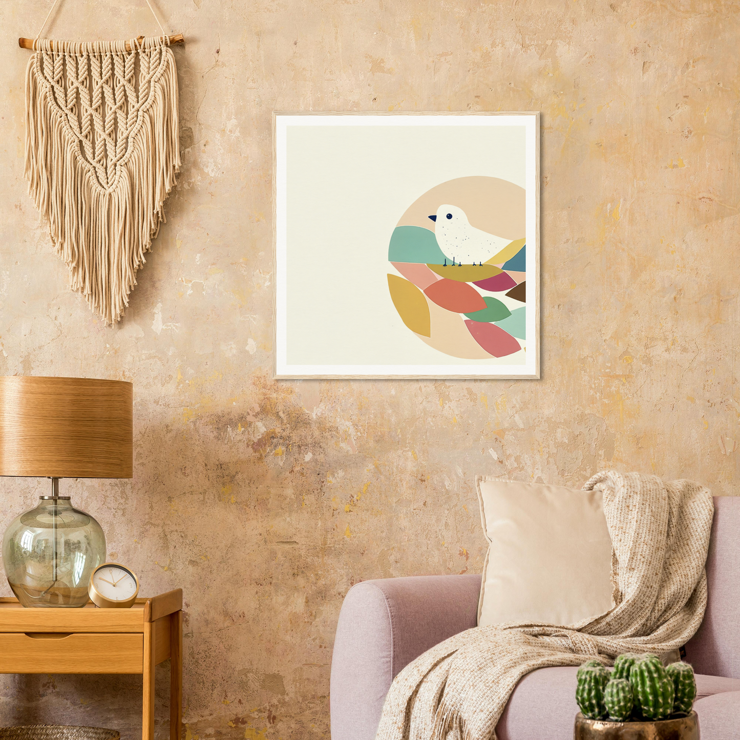 Minimalist art print of a teal bird perched among colorful abstract leaves in Bird Reverie