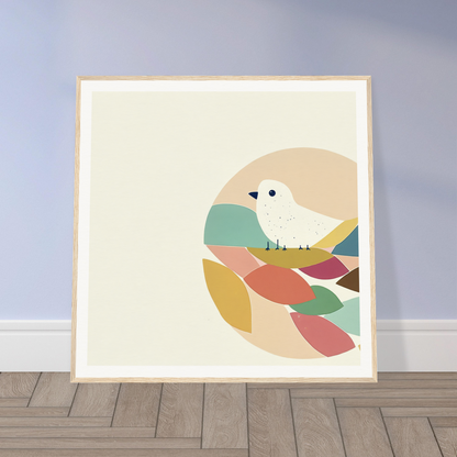 Minimalist art print of a teal bird atop colorful abstract shapes in Teal Bird Reverie