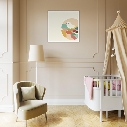 Modern nursery featuring a white crib and sage green armchair in Teal Bird Reverie