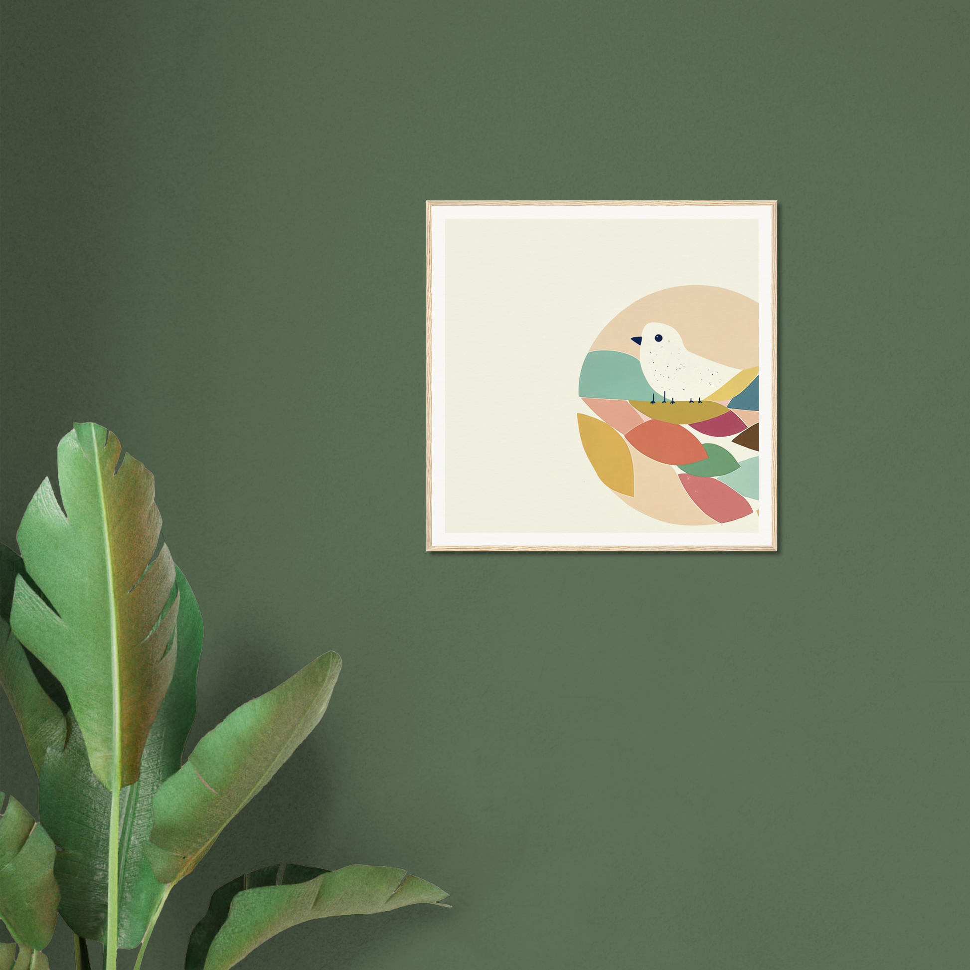 Minimalist art print featuring a teal bird in soft pastels and geometric shapes