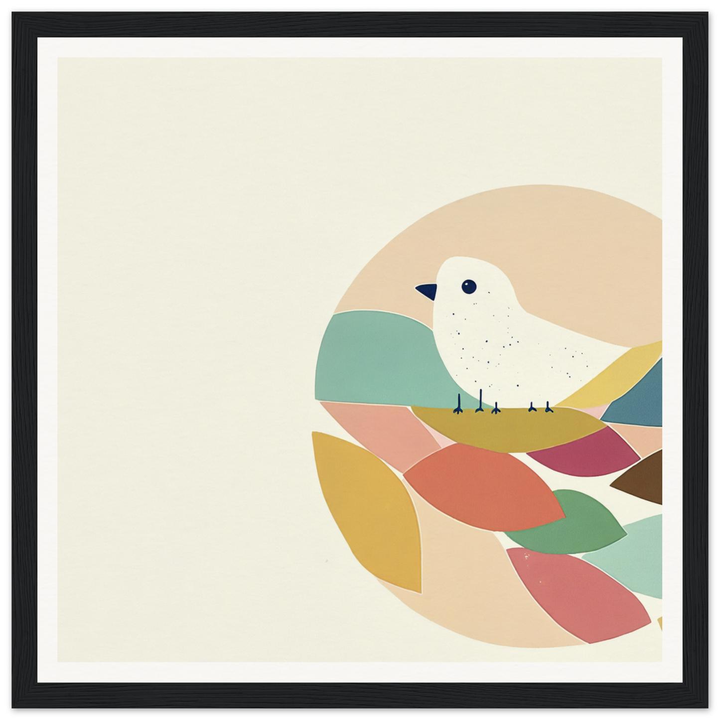 Minimalist illustration of a white bird on colorful shapes in Teal Bird Reverie