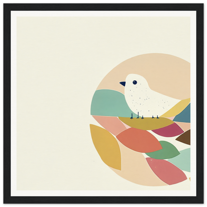 Minimalist illustration of a white bird on colorful shapes in Teal Bird Reverie