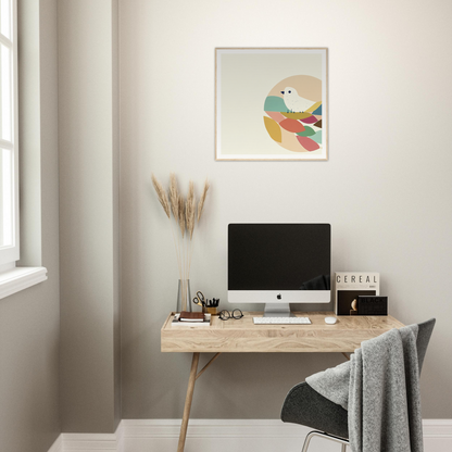 Minimalist wooden desk with iMac and accessories in Teal Bird Reverie design