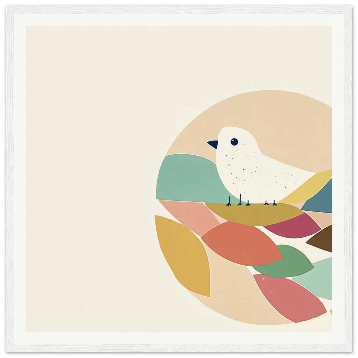 White bird perched on abstract pastel geometric shapes in Teal Bird Reverie design