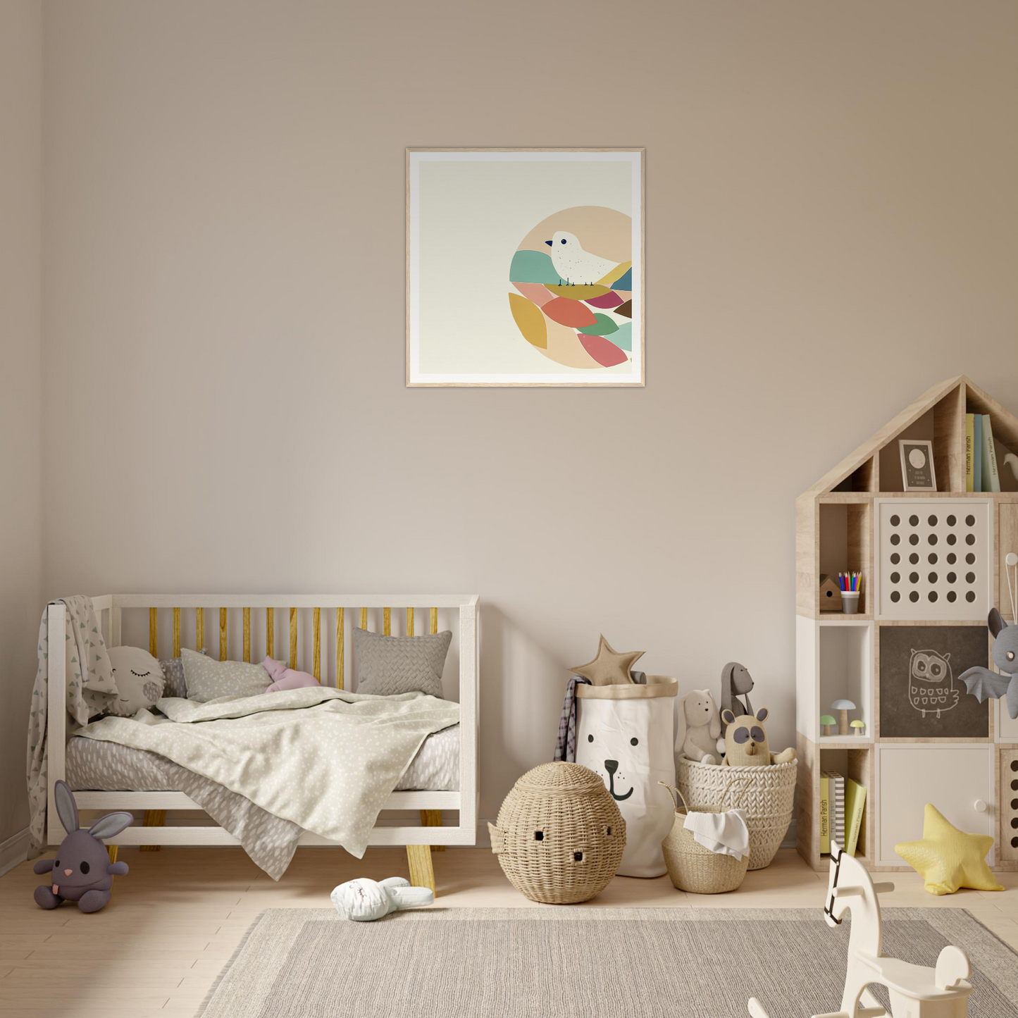 Cozy nursery featuring Teal Bird Reverie decor with wooden crib and whimsical art