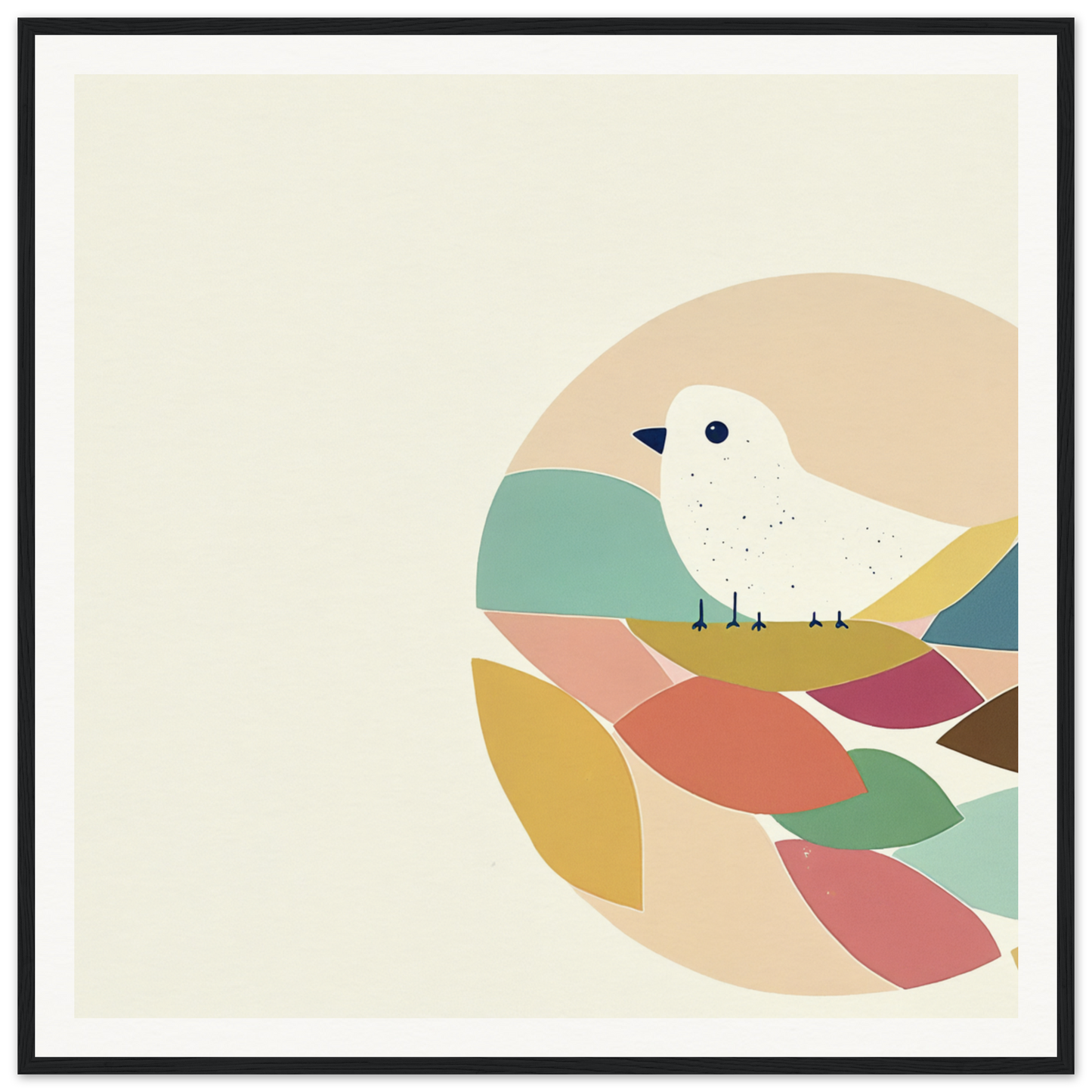 White bird perched on abstract colorful shapes in Teal Bird Reverie design