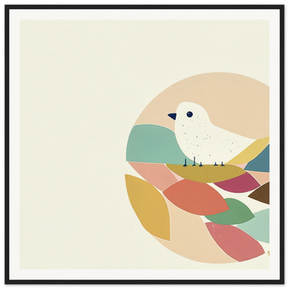 White bird perched on abstract colorful shapes in Teal Bird Reverie design