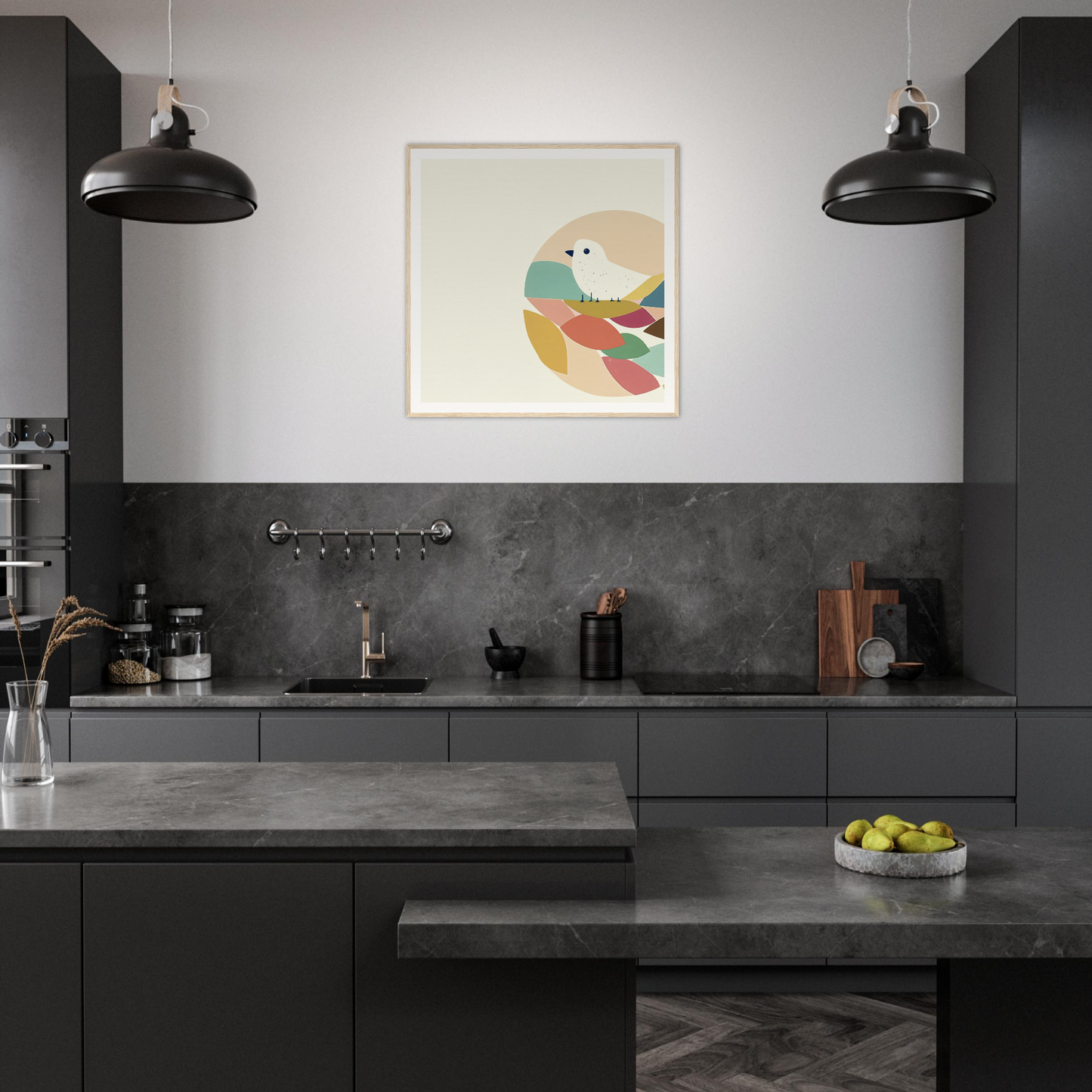 Modern dark gray kitchen featuring teal bird reverie artwork and black pendant lights