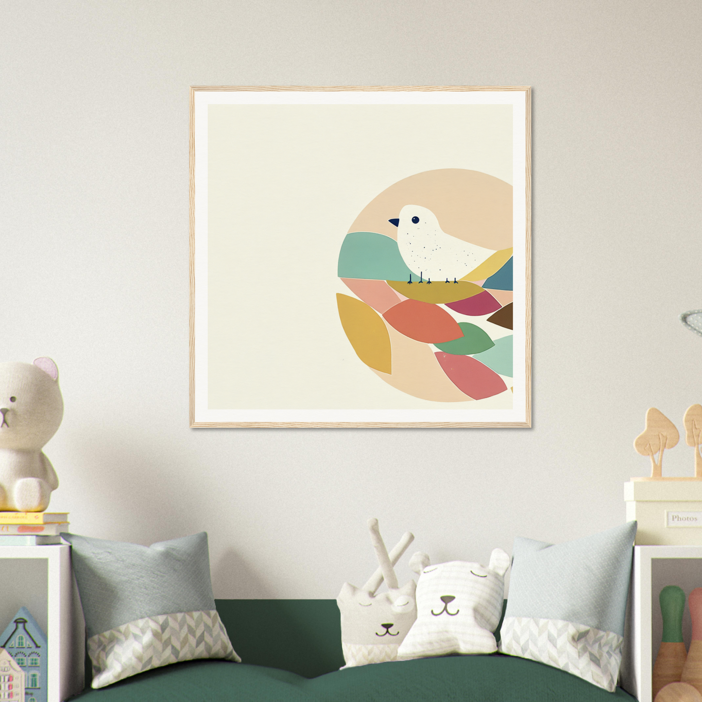 Framed minimalist art print of a teal bird on abstract colorful leaves, Teal Bird Reverie