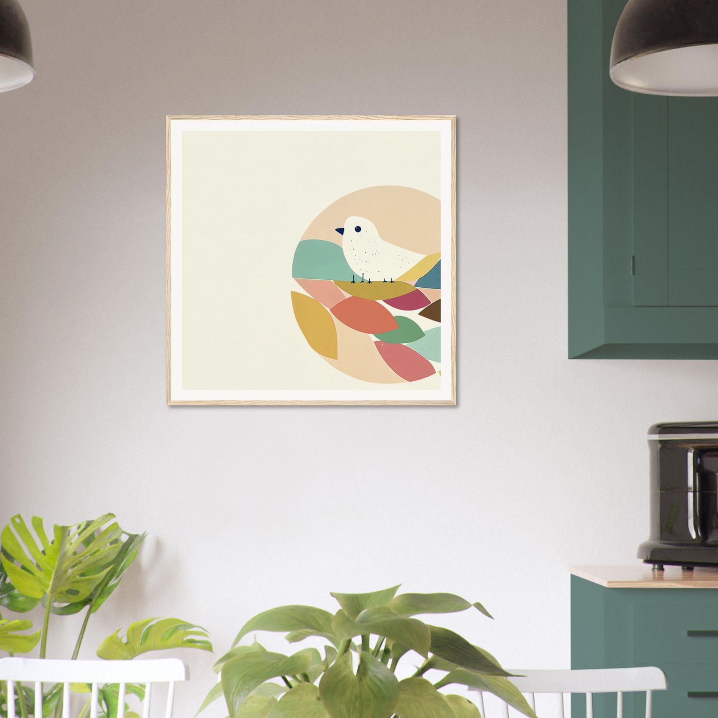 Modern minimalist art print of Teal Bird Reverie in pastel colors and circular design