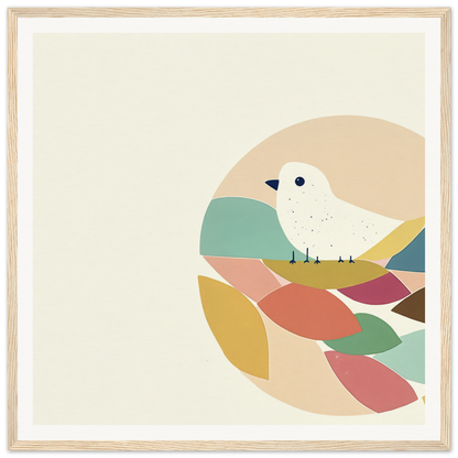 White bird perched on abstract pastel geometric shapes in Teal Bird Reverie