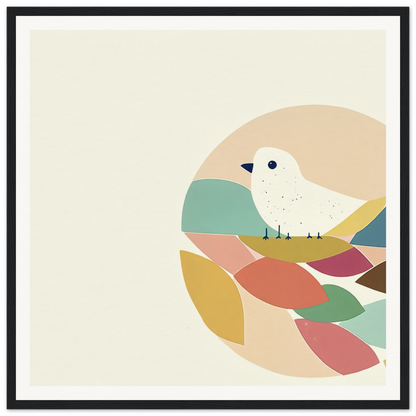 White bird perched on colorful curves in Teal Bird Reverie artwork