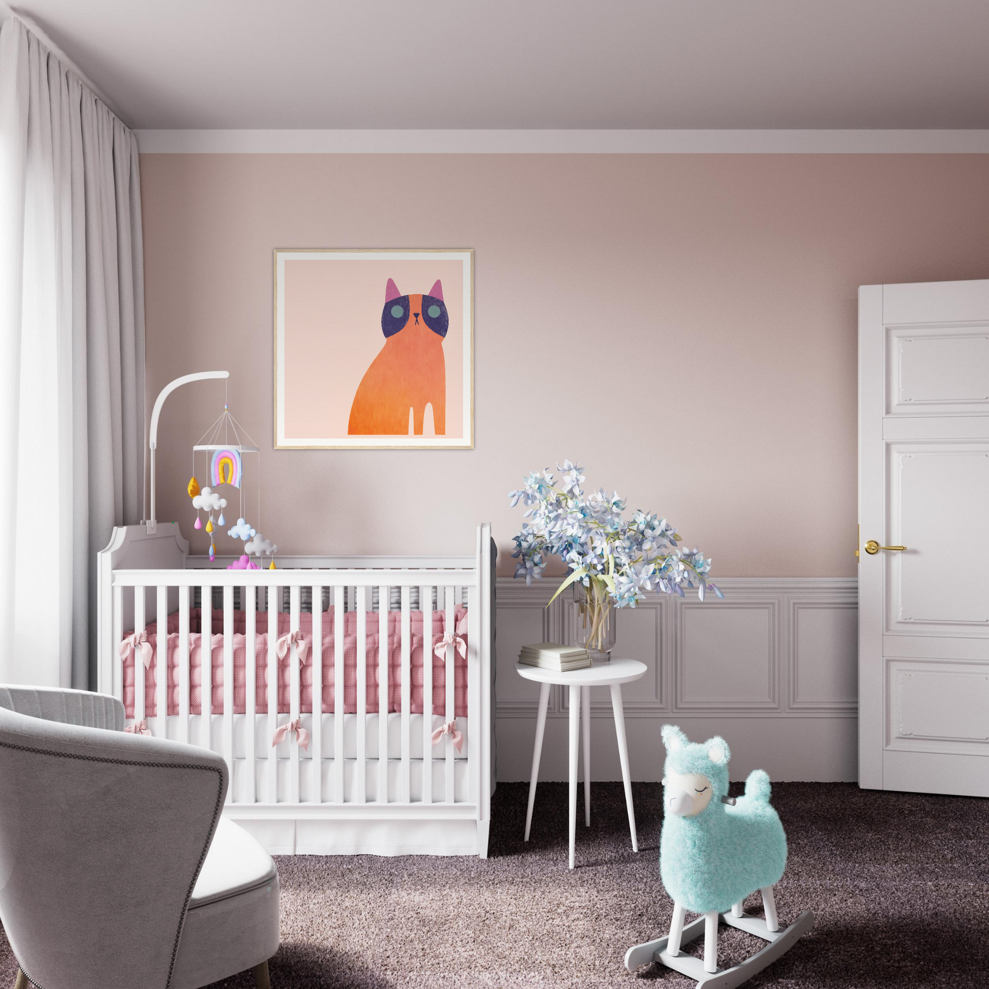 White wooden crib with pink bedding from Teal Dream Mouse collection