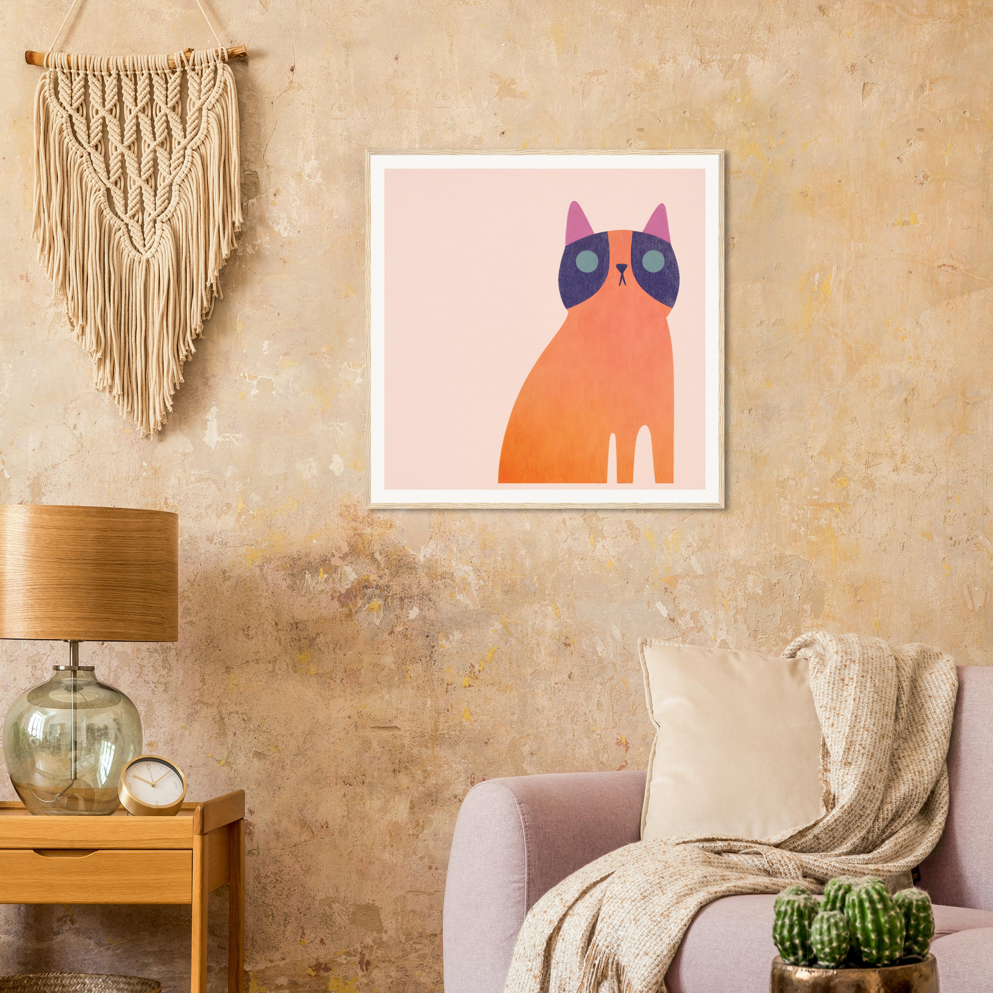 Framed art print of a minimalist orange cat with blue ears on a pink background for Teal Dream Mouse