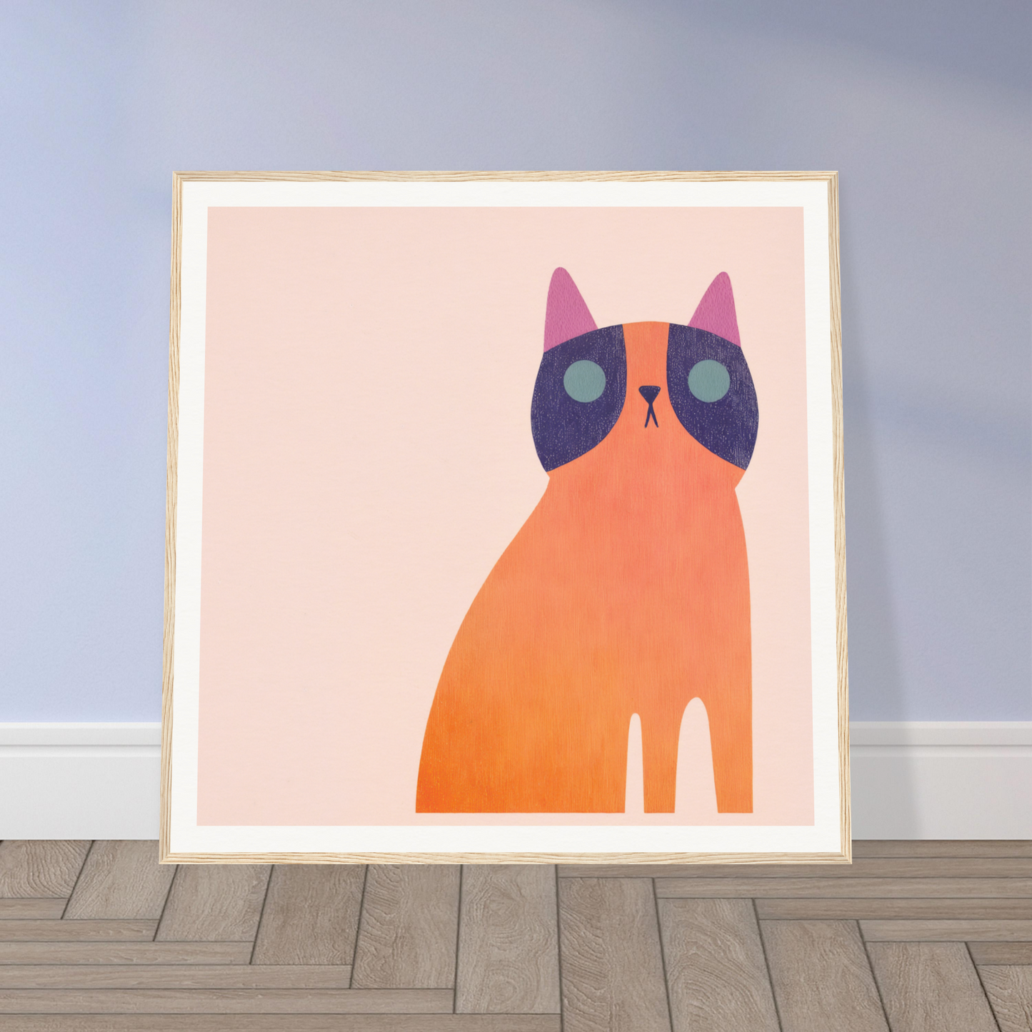 Minimalist art print of an orange cat in a Teal Dream Mouse design with blue eyes