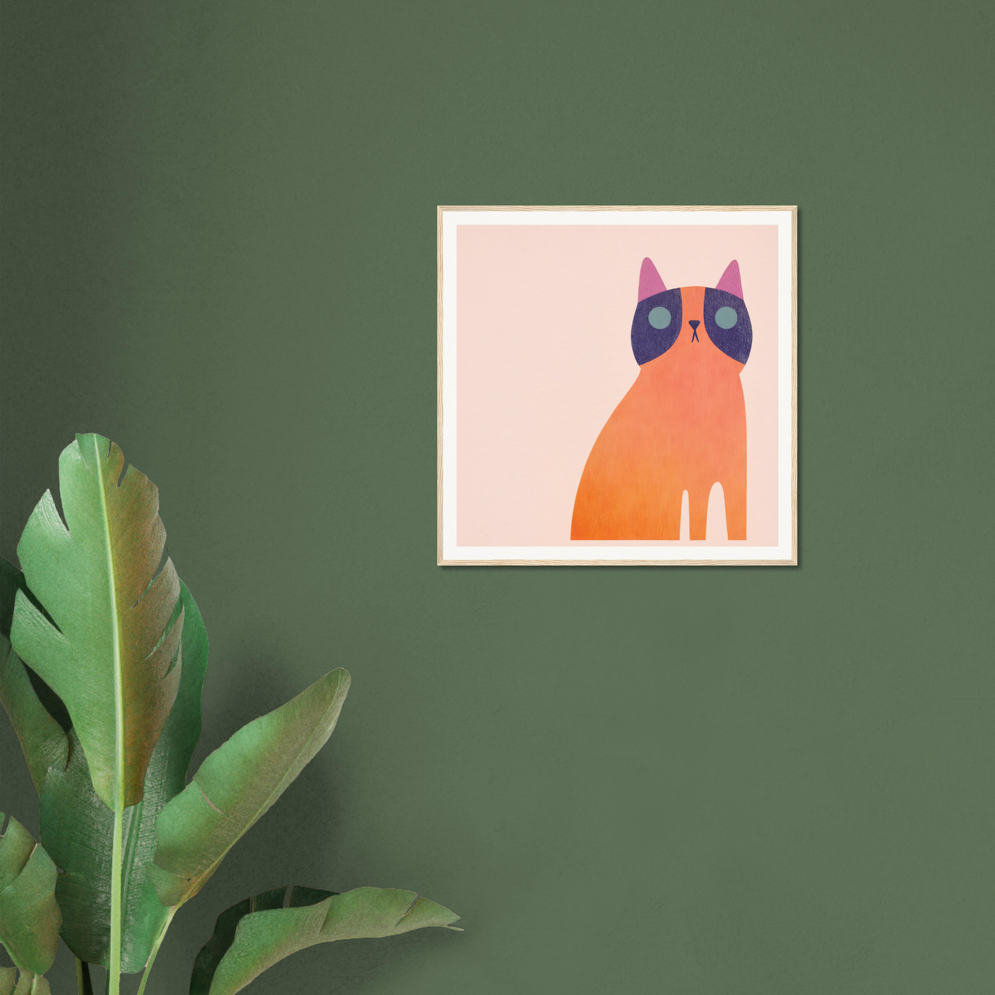 Framed art print of an orange cat with purple eyes on a pink background for Teal Dream Mouse