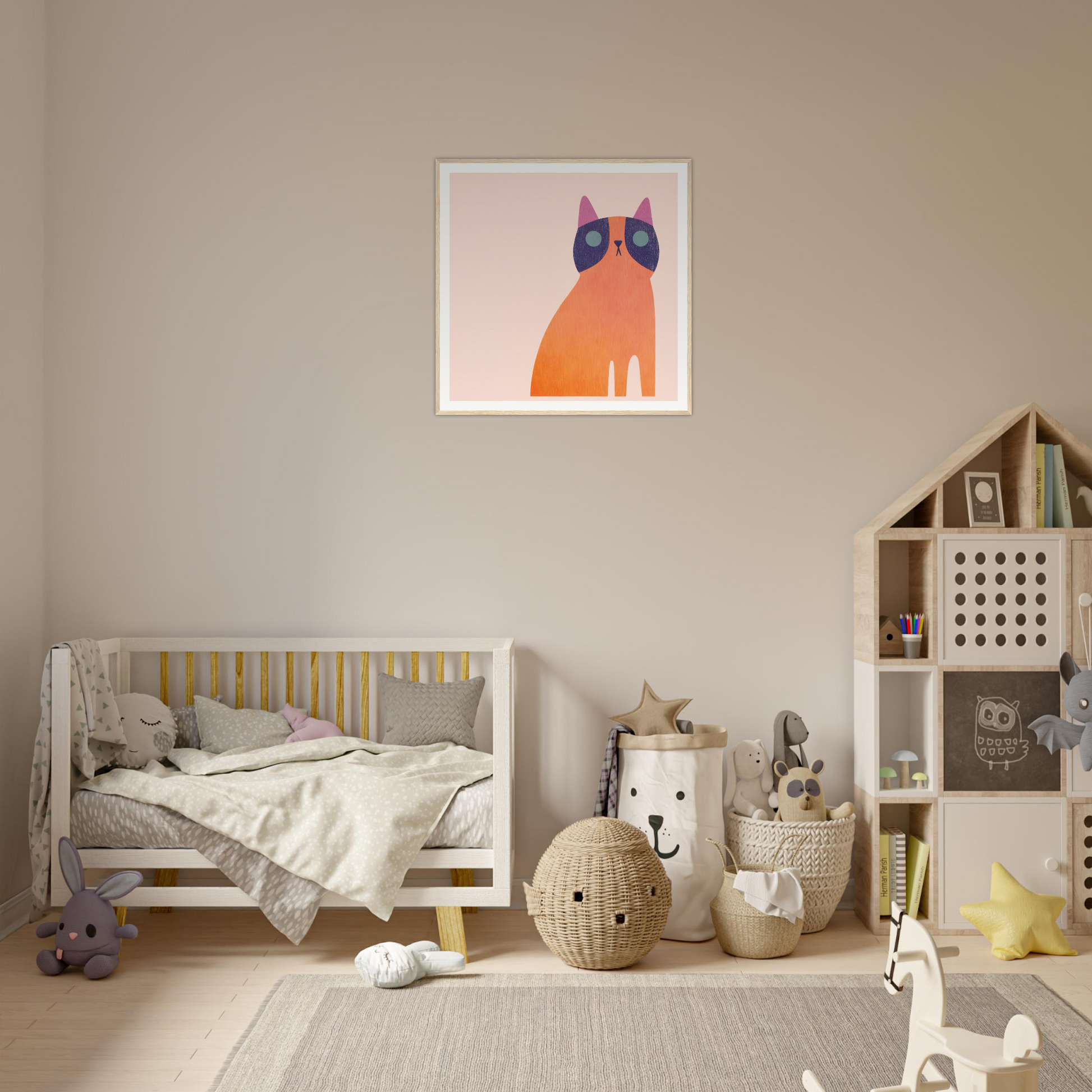 Cozy nursery with wooden crib, neutral decor, and Teal Dream Mouse artwork on wall