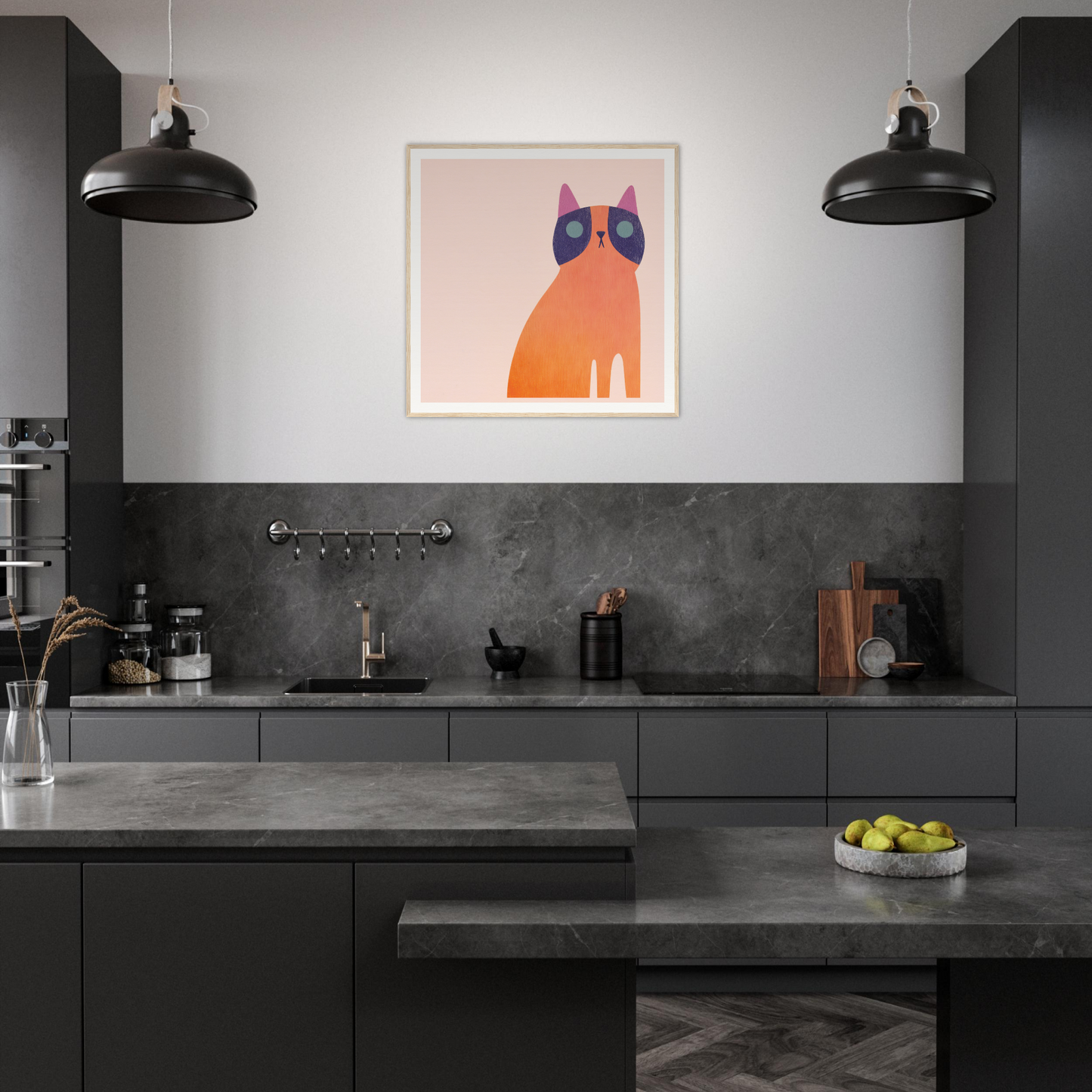 Modern dark gray kitchen featuring whimsical orange cat art and Teal Dream Mouse product