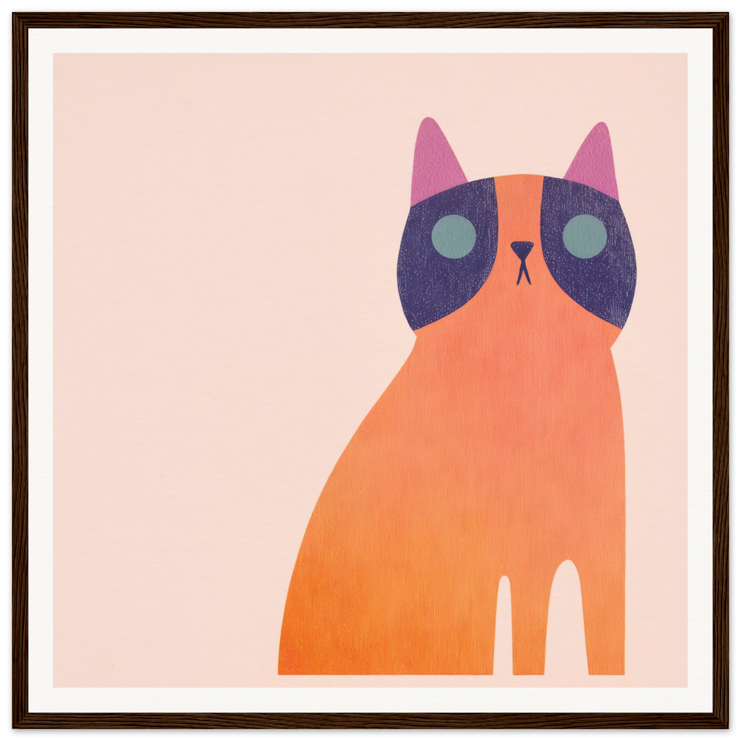 Minimalist illustration of an orange cat with a purple mask by Teal Dream Mouse