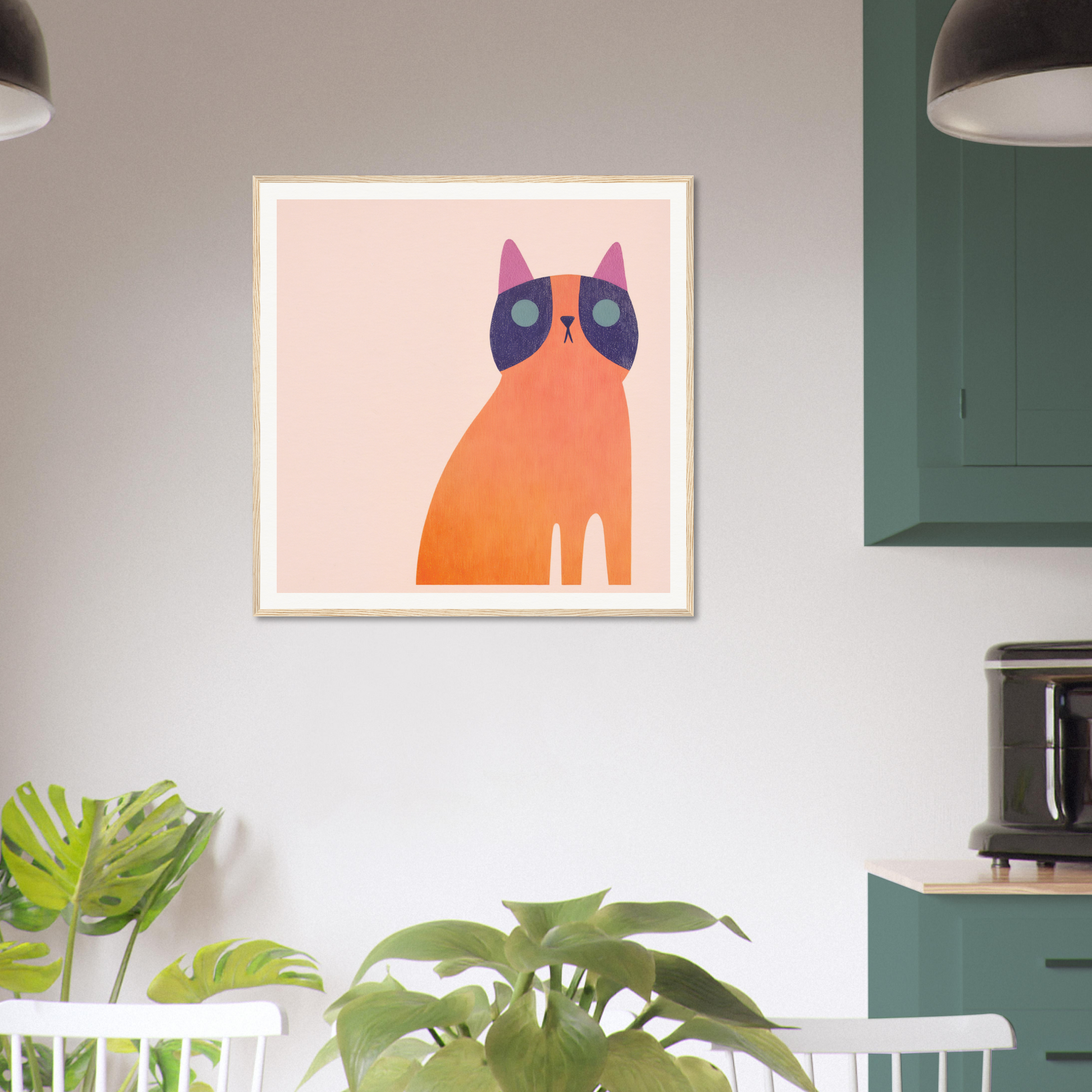 Minimalist art print of an orange cat with blue eyes on a pink background for Teal Dream Mouse