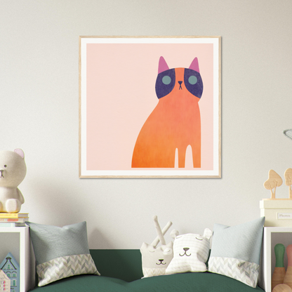 Minimalist art print of an orange cat with dark eye patches on a pink background, Teal Dream Mouse