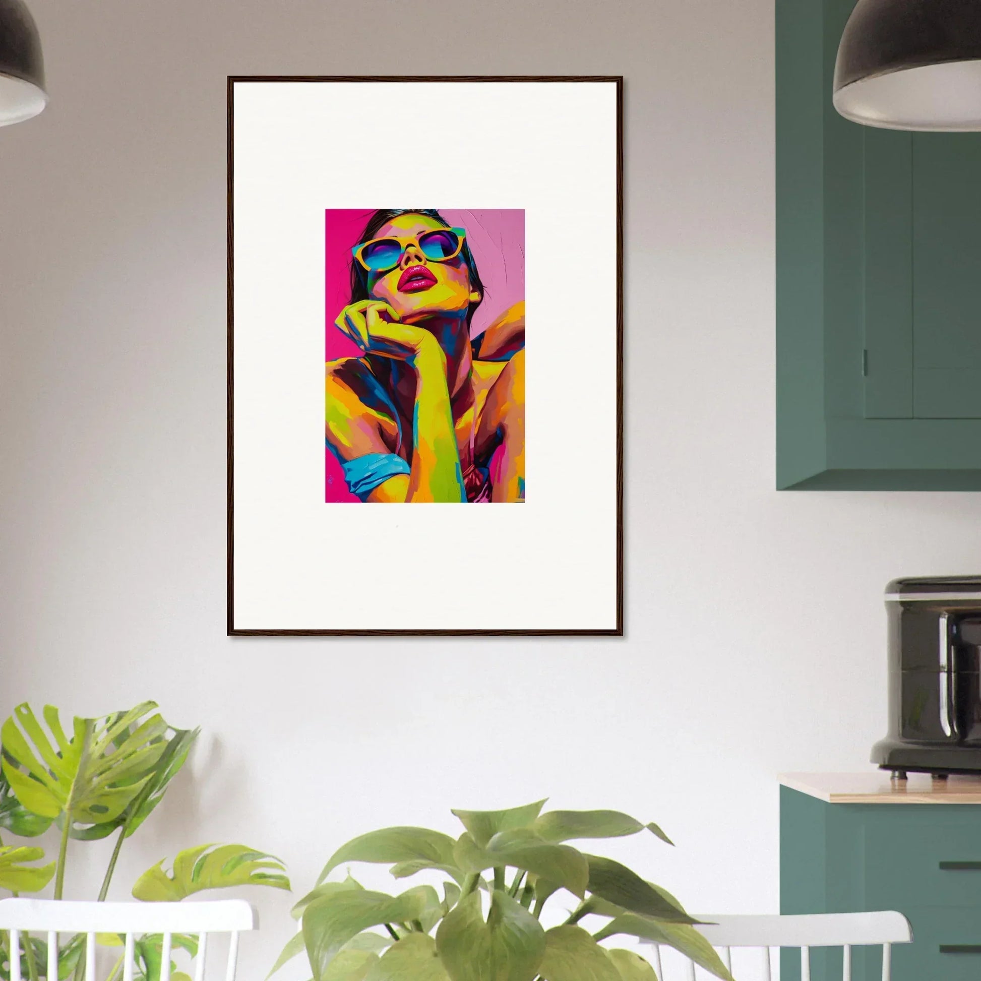 Colorful pop art portrait of a person in sunglasses for vibrant room decor or framed wall art
