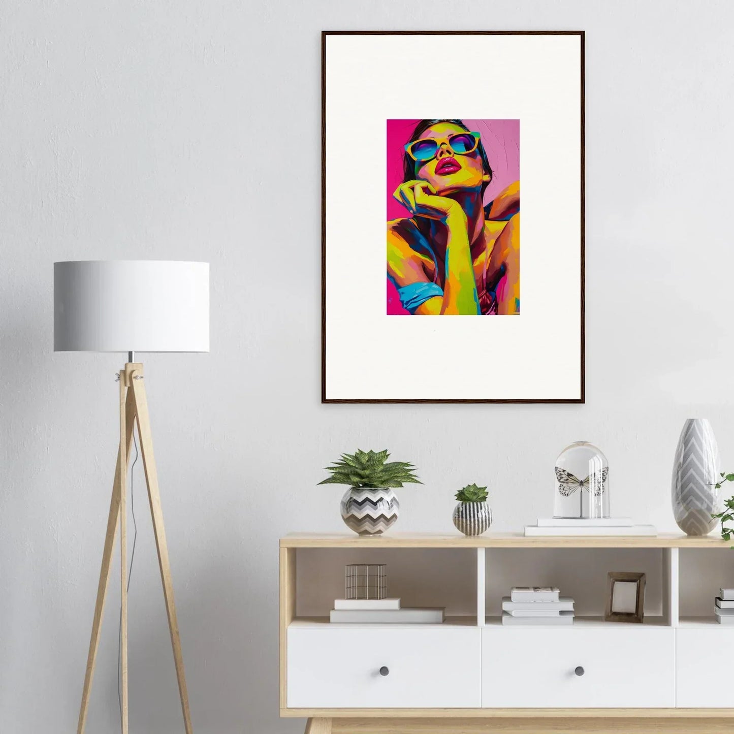 Colorful pop art portrait of a person with sunglasses for vibrant room decor