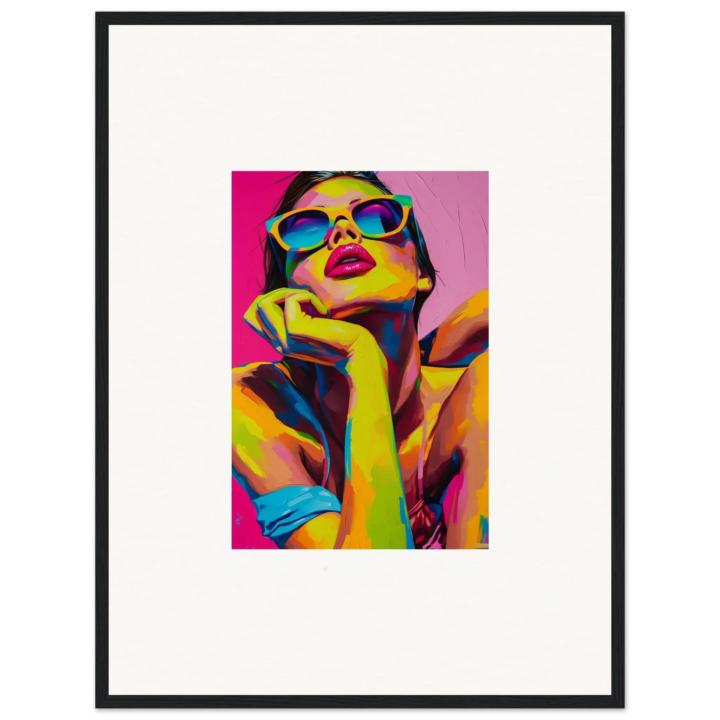 Colorful pop art-style portrait of a woman in sunglasses for Daydream Ecstasy room decor