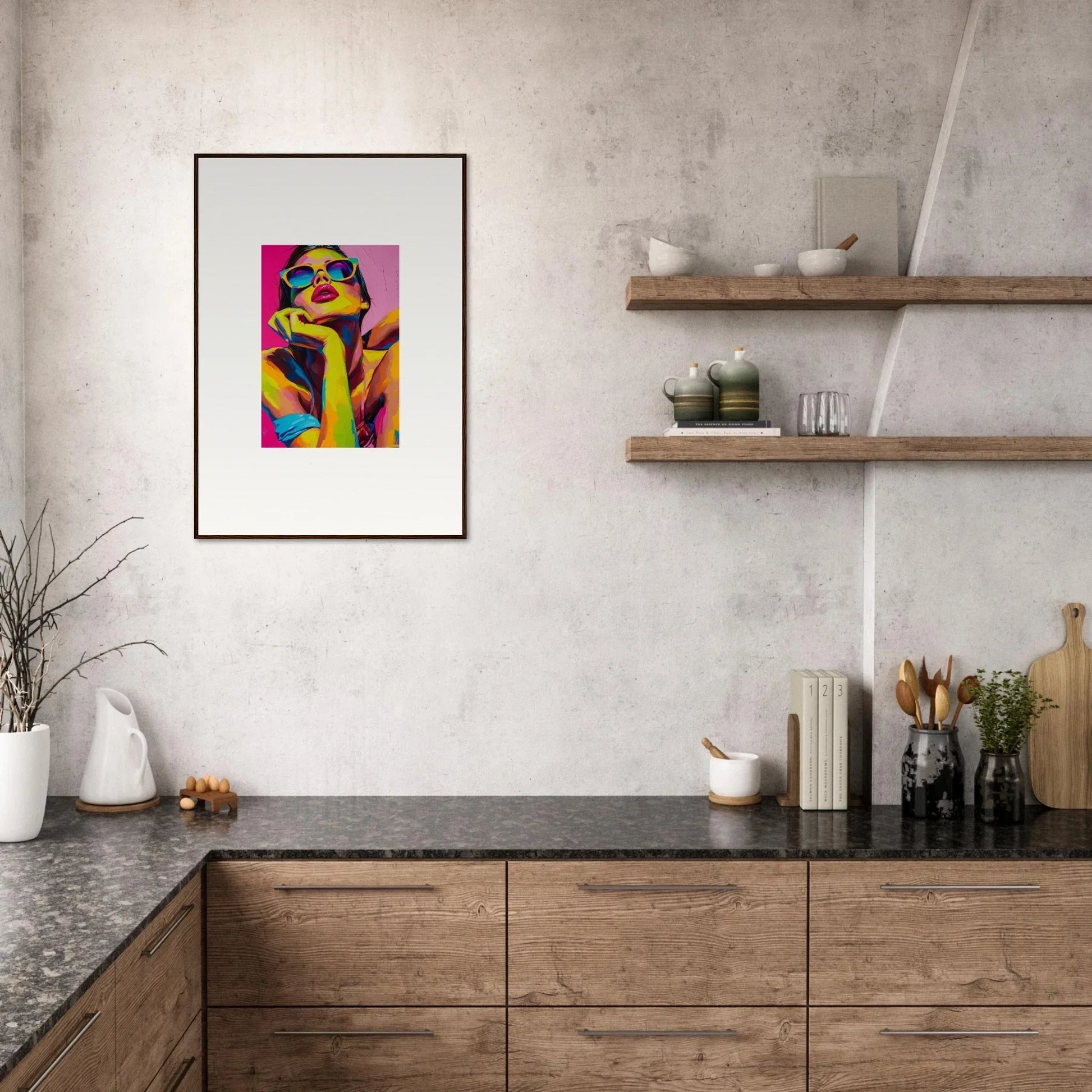 Colorful abstract portrait painting framed wall art for vibrant room decor