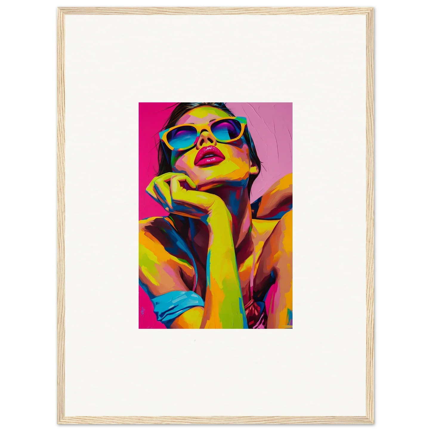 Colorful pop art portrait of a woman in blue sunglasses for Daydream Ecstasy room decor