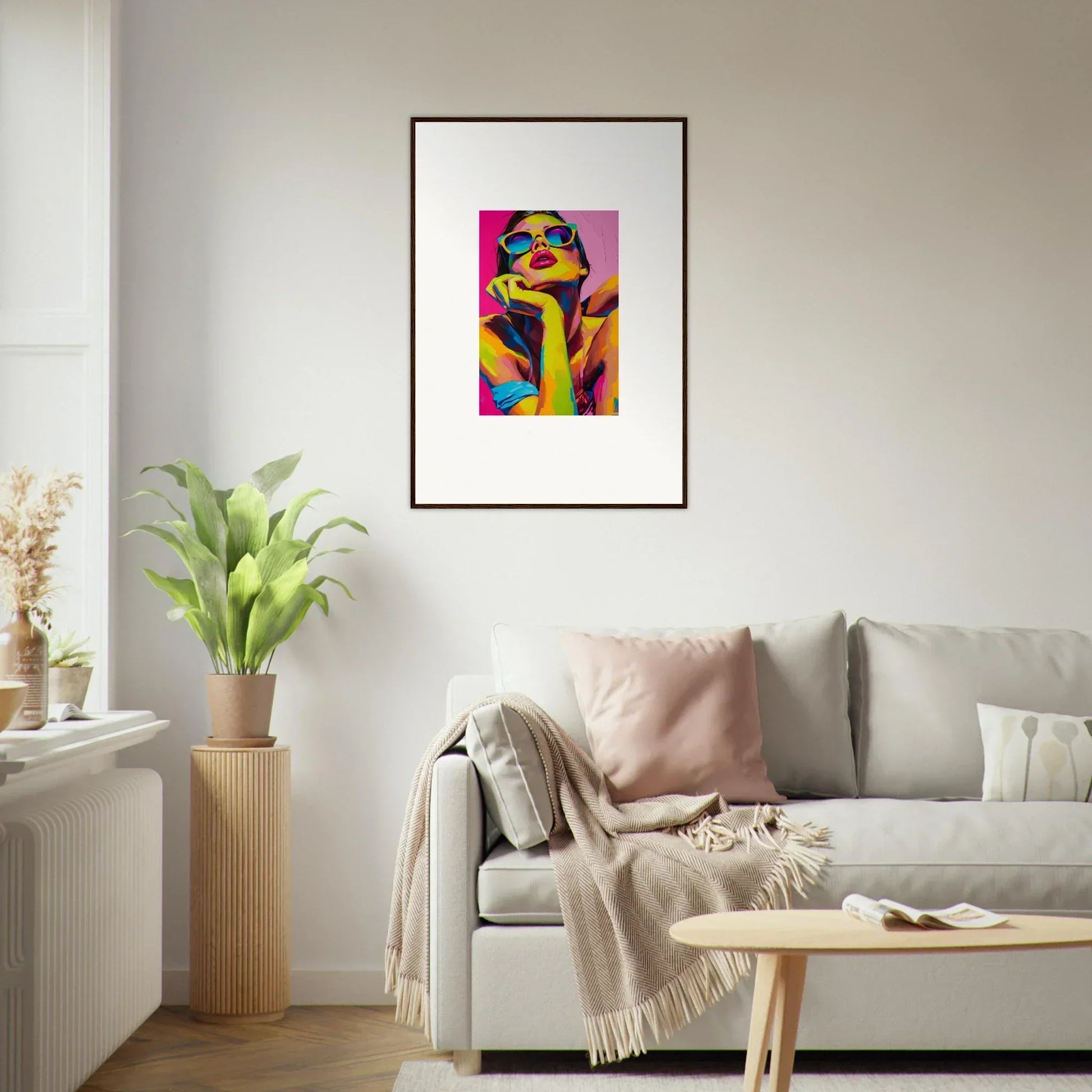 Colorful pop art portrait with sunglasses for trendy room decor and framed wall art