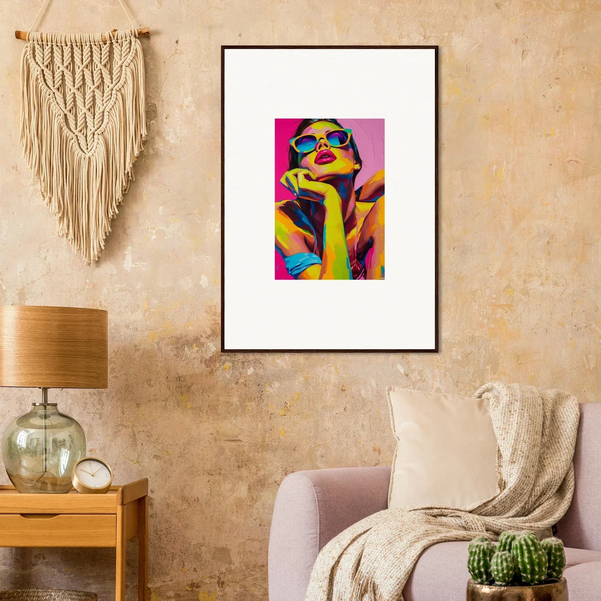 Colorful pop art portrait for room decor featuring daydream ecstasy framed on wall