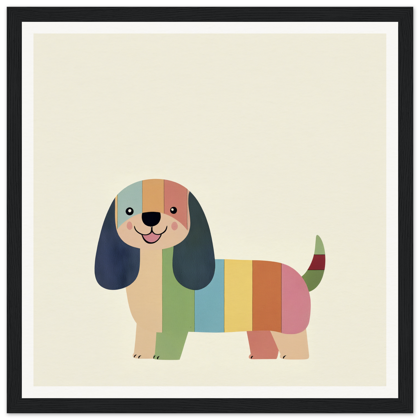 Colorful cartoon technicolor dog with floppy ears in a rainbow-striped design