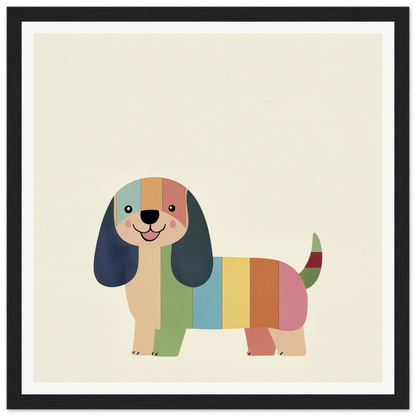 Colorful cartoon technicolor dog with floppy ears in a rainbow-striped design