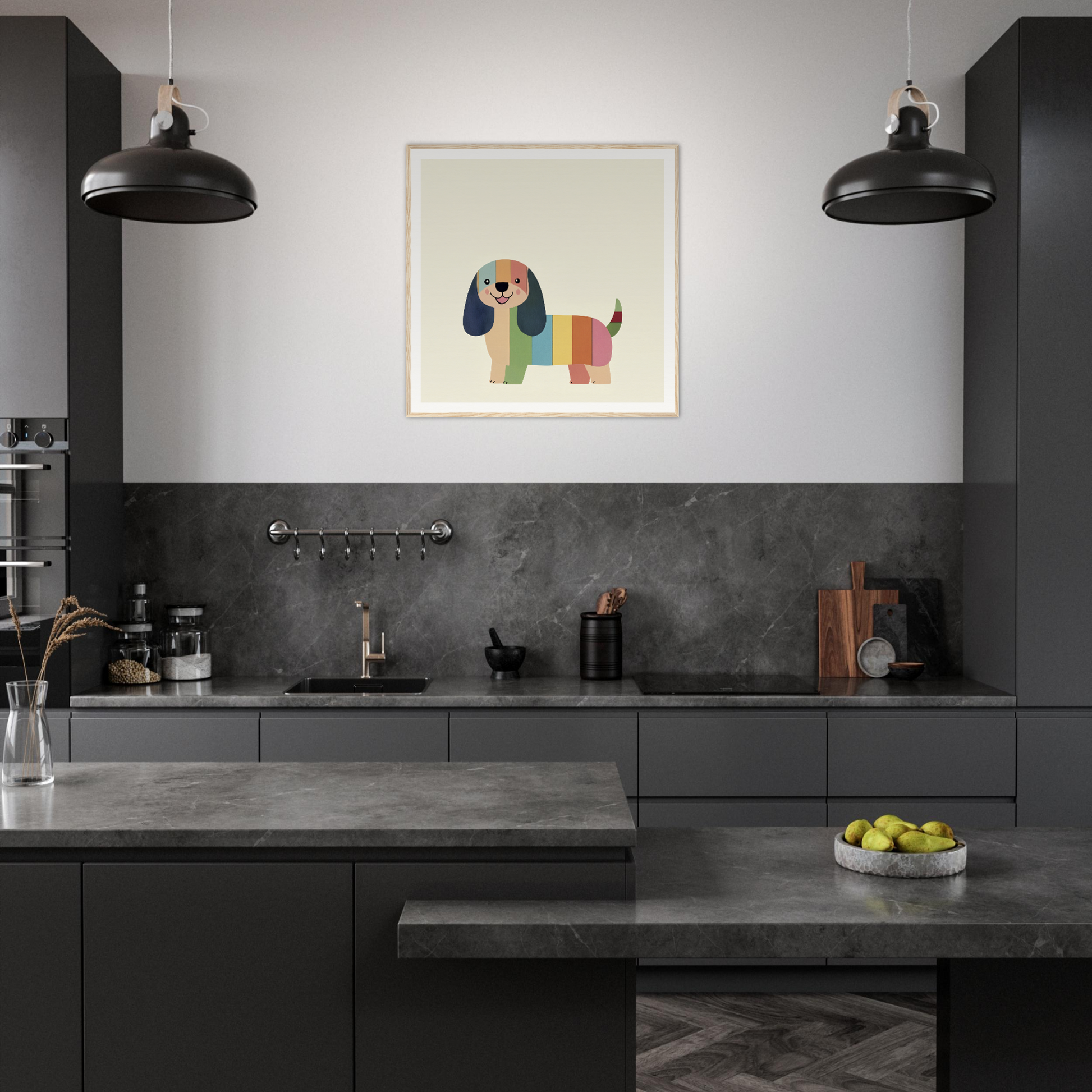 Modern dark gray kitchen featuring Technicolor Dog Dreaming special edition art™