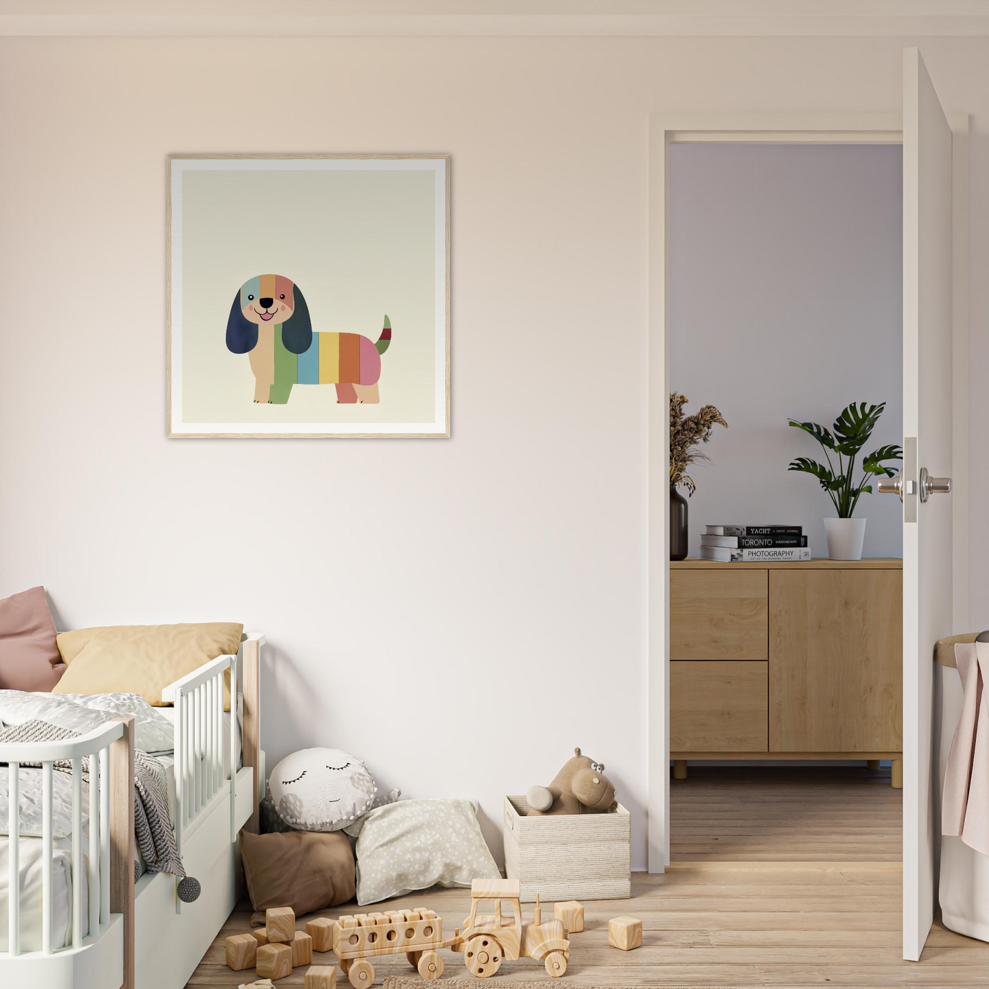 Colorful geometric dog artwork framed on white wall featuring Technicolor Dog Dreaming