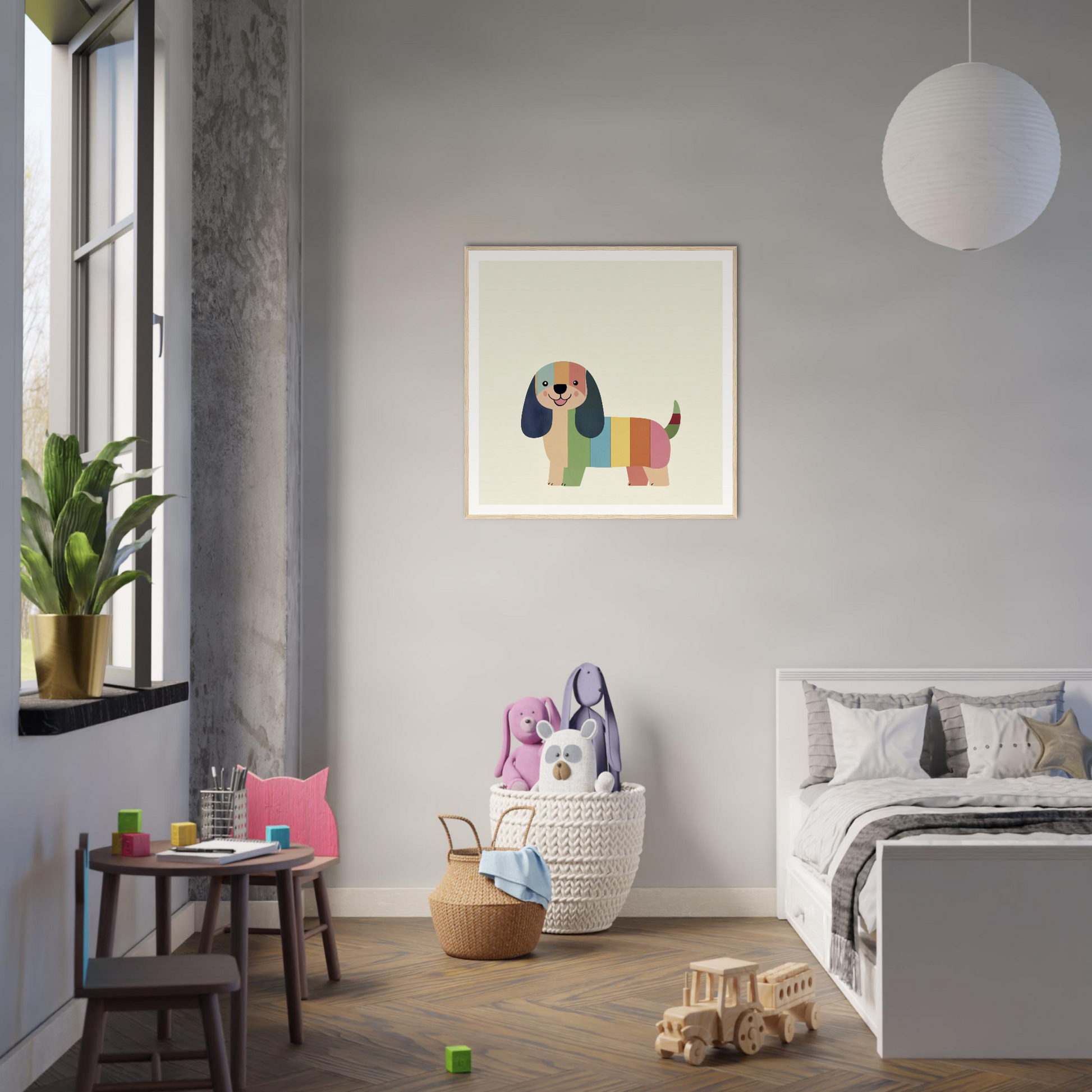 Minimalist bedroom with gray walls featuring Technicolor Dog special edition art décor