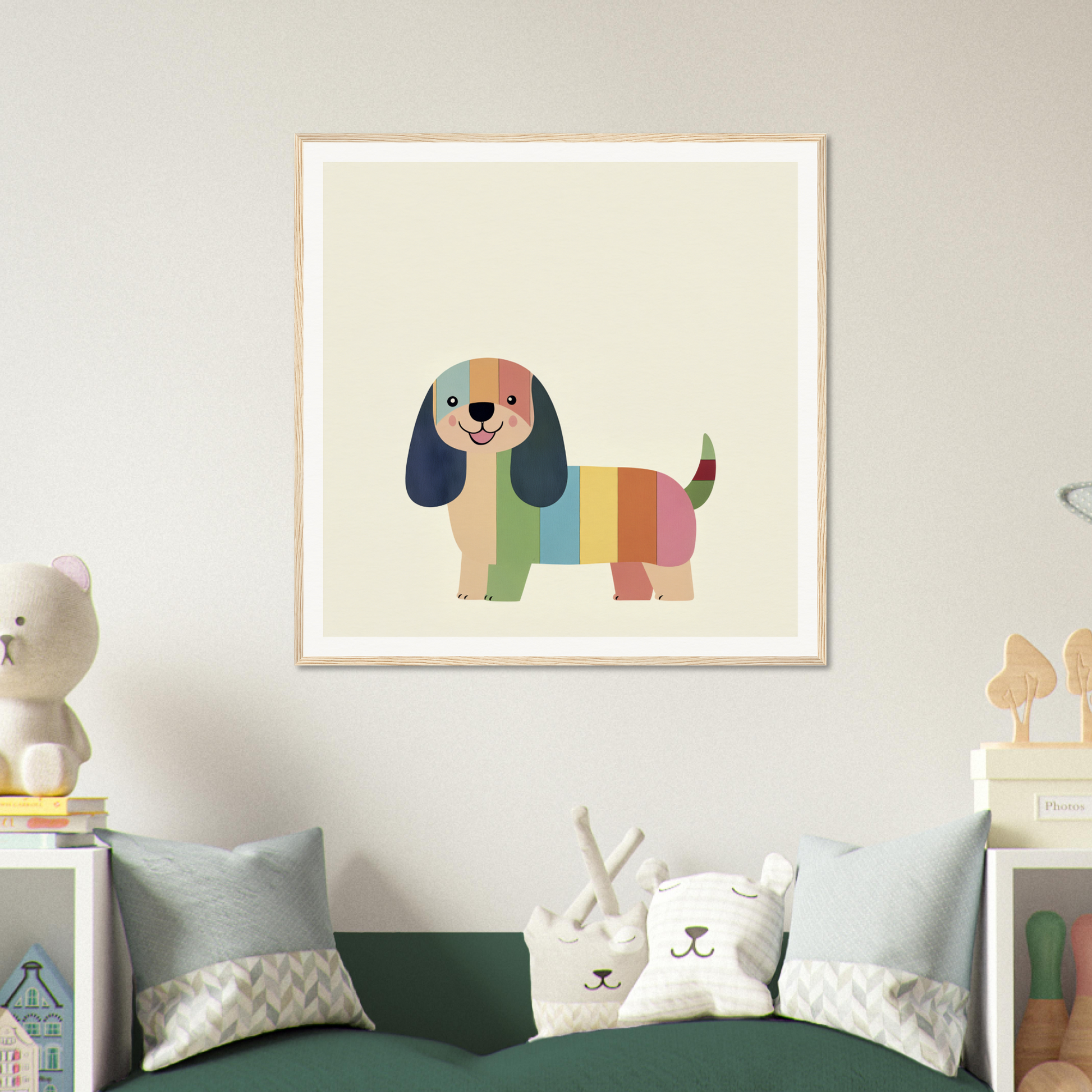 Colorful cartoon dachshund in rainbow stripes from the Technicolor Dog special edition art™