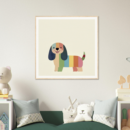 Colorful cartoon dachshund in rainbow stripes from the Technicolor Dog special edition art™