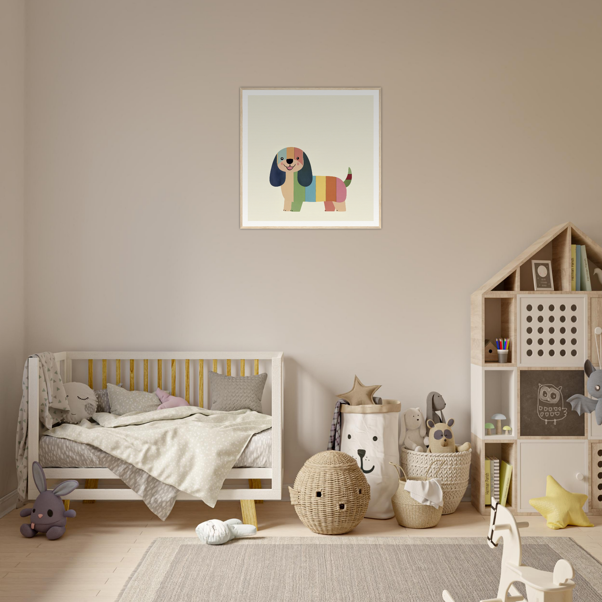 Wooden crib with gray bedding and yellow accents from Technicolor Dog Dreaming art™