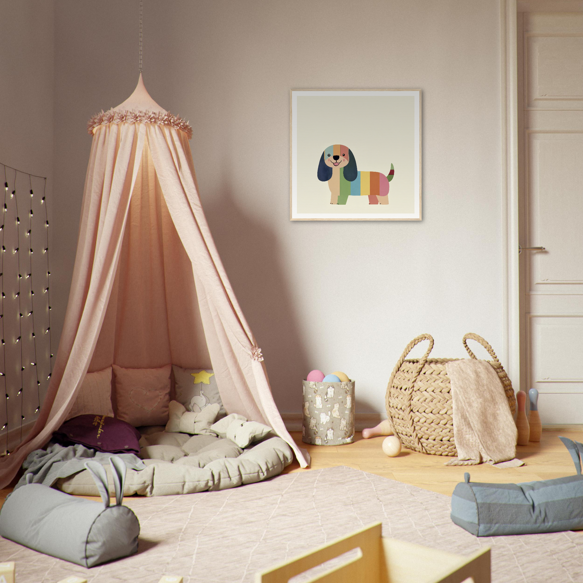 Pink canopy tent with draped fabric, part of the Technicolor Dog special edition art™