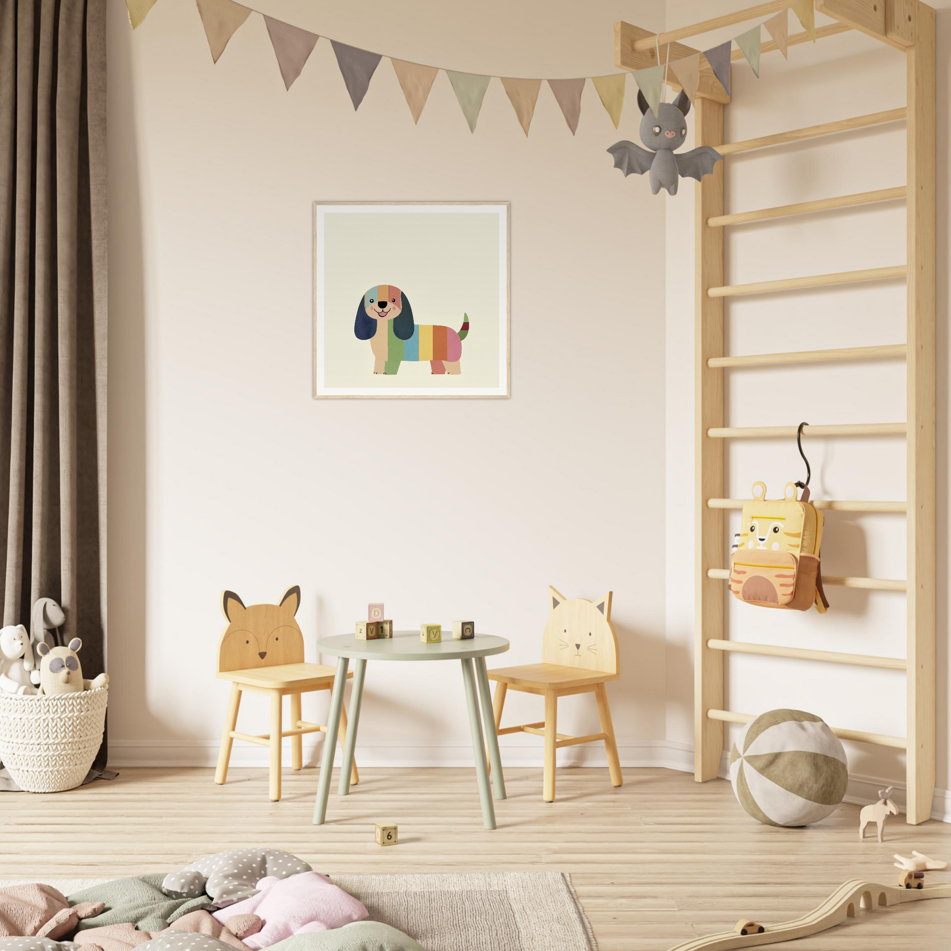 Two wooden children’s chairs with animal faces and a table, part of Technicolor Dog Dreaming